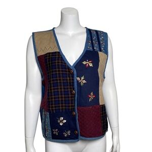 Vintage Denim Patchwork Vest Womens Size L TanTrum Blues Button Up Cotton